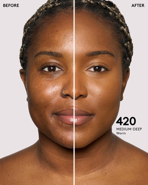 before and after photos of model wearing Fenty Beauty Pro Filt'r Instant Retouch Concealer in medium-deep shade
