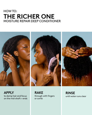 How to use Fenty Hair Deep Conditioner: 1) Apply to damp hair and focus on the mid-shaft + ends 2) Rake through with fingers or comb 3) Rinse until water runs clear.