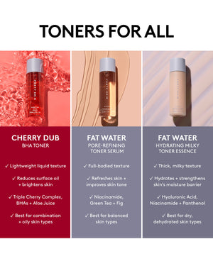 Toners for all. Comparison chart of Fenty Skin toners: Cherry Dub BHA Toner, Fat Water Pore-refining Toner Serum, and Fat Water Hydrating Milky Toner Essence.